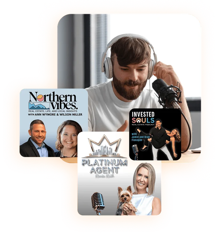 Collage of podcast cover art from shows on the ICONS network